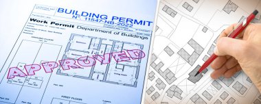 Binalar, hayali kadastro haritası - şehir haritası ve çalışma izni ile inşa etkinliği ve inşaat endüstrisi konsepti