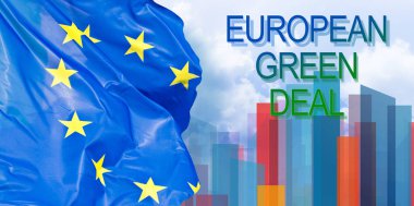 Avrupa Birliği 'nin 2050 yılında Avrupa Birliği' nin iklimini tarafsız hale getirmeyi amaçlayan bir dizi politika girişimi, bir Avrupa bayrağına karşı hayali bir şehir manzarası ile Avrupa GREEN anlaşması imzaladı.