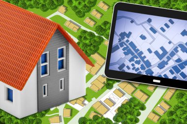 Hayali bir bölge kadastro haritası, arazi parseli, dijital tablet ve konut modeline sahip emlak kavramı