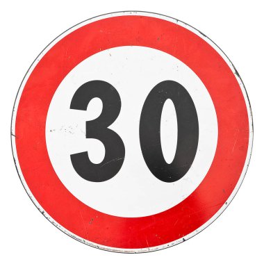 Yol İşareti 30 km / h hız sınırı işareti ile - Gerçek fotoğraf, kolay seçim için beyaz üzerine izole edilmiş yapay zeka veya yapay zeka resmi değil