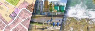 Lağım arıtma için filtre tankları ve endüstriyel ekipman içeren URBAN Atık Suyu Tedavi Planı - Temiz su için su arıtma tesisi altyapısı - Şehir haritası ile kavram