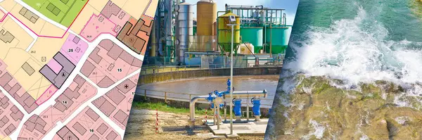 Lağım arıtma için filtre tankları ve endüstriyel ekipman içeren URBAN Atık Suyu Tedavi Planı - Temiz su için su arıtma tesisi altyapısı - Şehir haritası ile kavram