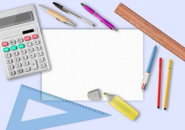 A4 biçiminde boş karelere sahip masaüstü çalışma araçları - metin yerleştirme için kopyalama alanı olan düz tasarım konsept resmi.