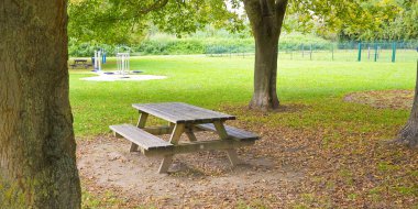 Sonbaharda ağaçların ve yere düşen yaprakların olduğu bir parktaki ahşap piknik masası.