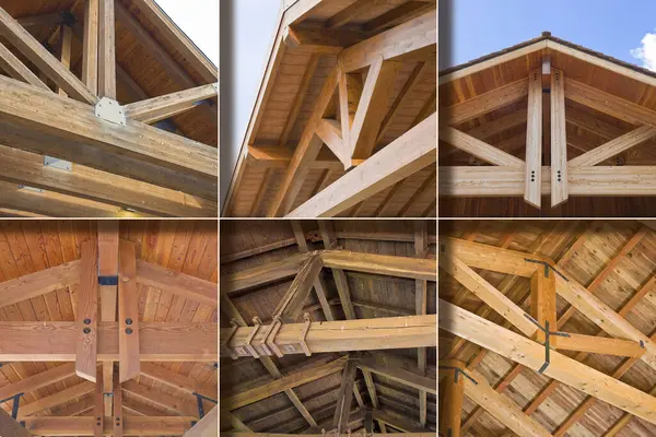 Açığa çıkmış kereste kirişleri, kral direği, köşegen teller ve doğal ahşap yapı - kompozit görüntü konsepti