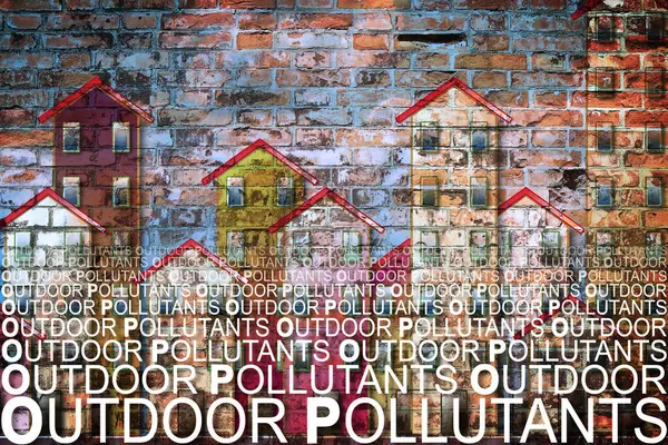 Bina arka planda dış hava kirleticiler-kopya alanı ile konsept görüntü.