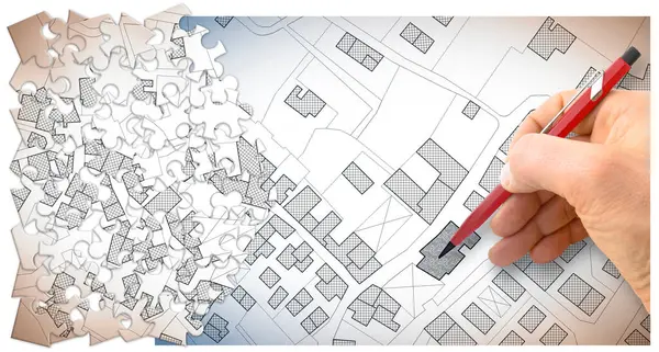 Binaların, yolların ve arazi parsellerinin olduğu hayali kadastro haritası - arazi kaydı konsepti çizimi - not: harita arka planı tamamen icat edilmiş ve gerçek bir yeri temsil etmiyor.