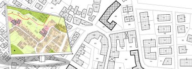 Hayali Kadastro Haritası eand Genel Şehir Planı Konsepti - İmar bölgeleri, kentsel hedefler, arazi kullanımı, inşa edilebilir alanlar ve arazi arazisi ile imar düzenlemeleri