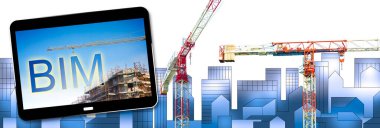 İnşa Bilgi Modelleme - BIM - yeni bir mimari tasarım biçimi - arka planda şehir silüeti olan bir inşaat sahasında kule vinç ile konsept.