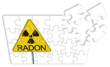 RADON GAS tarafından radyoaktif kirlenme tehlikesi - yol işaretinde radyoaktivite sembolü içeren kavram - yapboz biçiminde konsept