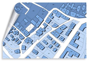 Binaların, yolların ve arazi parsellerinin olduğu hayali kadastro haritası - arazi kaydı konsepti illüstrasyonu