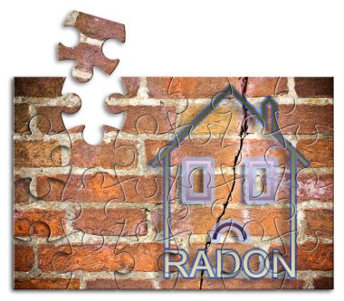 Ev simgesi ve radon metni ile yapboz şekilli kırık tuğla bir duvara karşı kavramsal olarak tehlikeli radon gazıyla ilgili problemler ve yalnızlık