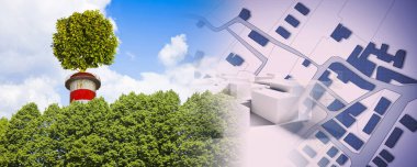 Şehirlerimizde yeşil endüstriyel dönüşüm - Sıfır CO2 emisyon kavramı baca üzerinde bir ağaç ve hayali şehir haritası ile