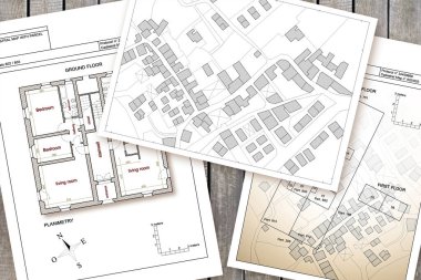 Kadavra haritası, binalar, yollar ve arazi parsellerinin hayali bir kadastro haritası konsepti ile ilgili UPTANLIK KADASTRAL Dijital Veri ve Bilgiler 