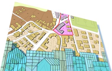 Cityscape and residential building over an imaginary city map of territory with buildings, roads an vacant land plot