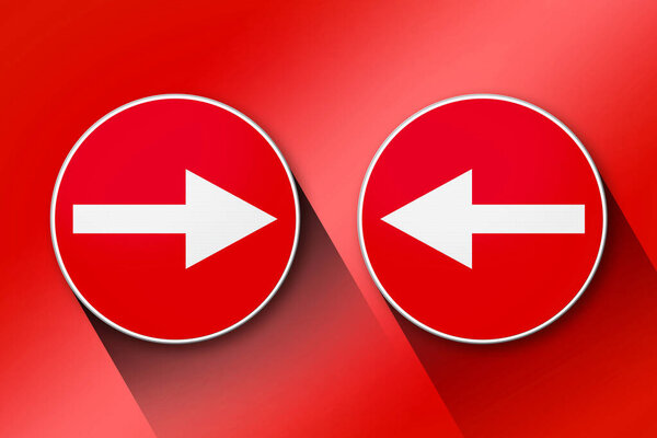 Белые стрелки встречаются друг с другом на красном фоне - понятие о выборе, встрече, расхождении, конфликте, различии направлений, альтернативном понятии