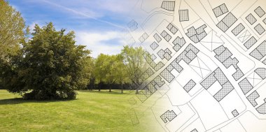 Kamu parkı, çayır ve ağaçlı hayali şehir haritası