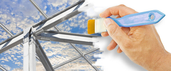 Detail of a new precast steel structure with pillars, steel beams and bolts in galvanized steel against a sky background - concept image