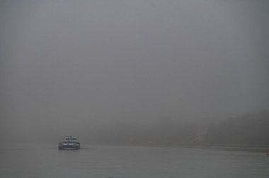 Neuburg am Rhein yakınlarında siste bir gemi var. Yüksek kalite fotoğraf