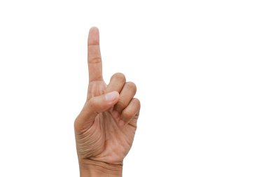 Yukarı gösteren adam ele. Beyaz arka plan üzerinde izole bir jest