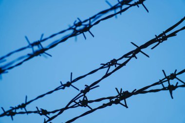 Mavi gökyüzüne karşı dikenli teller genellikle binalar ve ulusal sınırlar için güvenlik çiti olarak kullanılır.