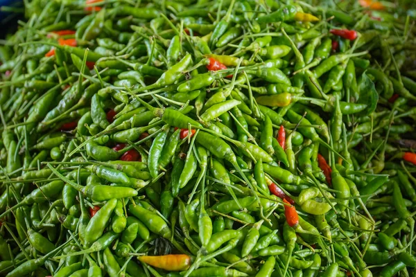 Photo of a pile of green and red cayenne pepper at the supermarket. a traditional market in Indonesia. selective focus. Illustration of rising prices of red and green chilies.