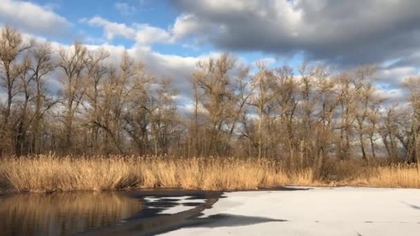 Кумульські Хмари Над Замерзлим Озером Піщаним Пляжем — стокове відео