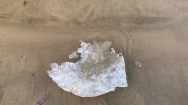 Sakin nehir kıyısındaki kumlu sahilde, yakın plan.