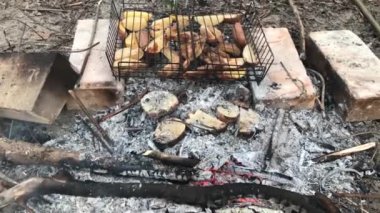 Ormanda kızarmış patates ve sosis. 