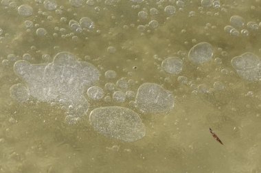 Buz içinde hava kabarcıkları olan donmuş göl yüzeyi