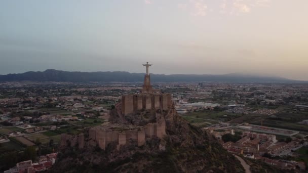 Cristo Monteagudo Murcia España Vídeo Aéreo Una Panorámica Circular Atardecer — Vídeo de stock