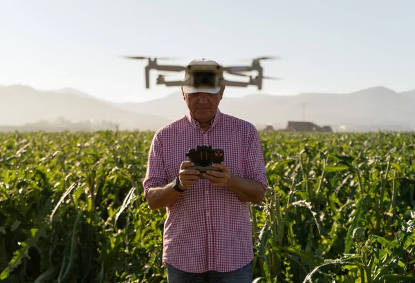 Drone over the head of an agronomist who pilots it. It is located in a field of sustainable cultivation. It represents the drone as the head of the engineer, they are his eyes in the air. Concept pest control, quality control.