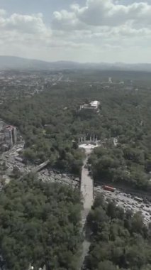 Mexico City 'nin dikey hava videosu. Mexico City 'nin gökdelenlerinin dikey videosu. Chapultepec ormanı, reform caddesi ve gökdelenler yukarıdan görülüyor. Mexico City şehir konsepti