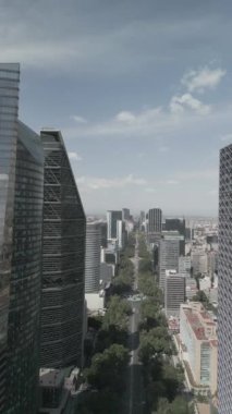 Mexico City 'nin dikey hava videosu. Mexico City 'nin gökdelenlerinin dikey videosu. Chapultepec ormanı, reform caddesi ve gökdelenler yukarıdan görülüyor. Mexico City şehir konsepti