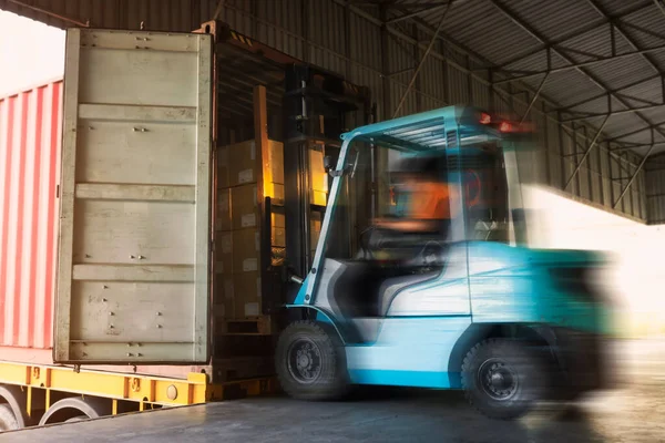 Forklift Tractor Loading Cargo Boxes Pallets into Container Trucks. Shipping Truck. Supply Chain Cargo Shipment. Distribution Supplies Warehouse. Freight Truck Transport Logistics.