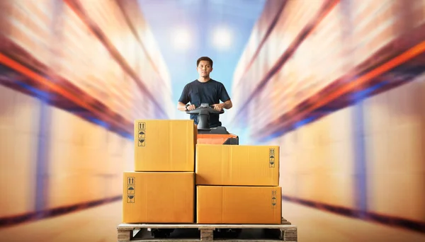 Workers Unloading Packaging Boxes on Pallet in Storage Warehouse. Forklift with Motion Speed. Cartons, Cardboard Boxes. Supplies Shipping Warehouse. Supply Chain Shipment Goods. Warehouse Logistics.
