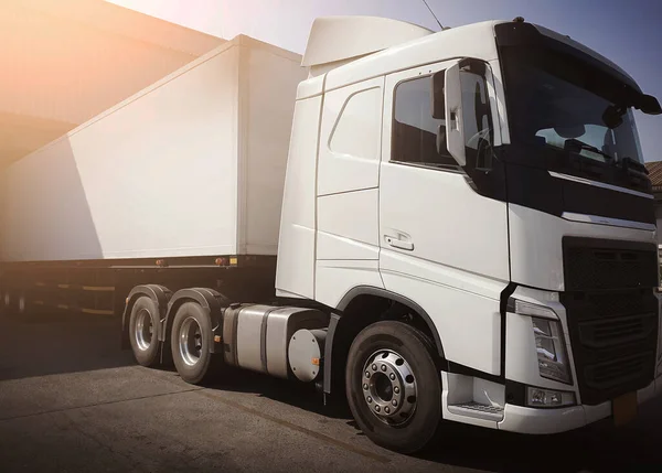 stock image Semi Trailer Trucks Parked Loading at Dock Warehouse. Shipping Cargo Container Delivery Trucks. Distribution Warehouse. Freight Trucks Cargo Transport. Warehouse Logistics.