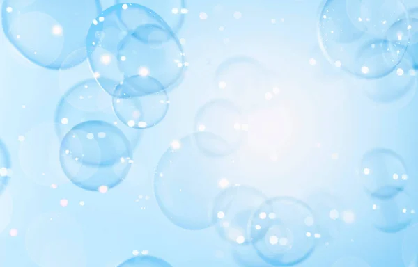 Abstrakte Schöne Glänzend Blaue Seifenblasen Hintergrund Verschwommenes Defokussiertes Weißlicht Erfrischende — Stockfoto