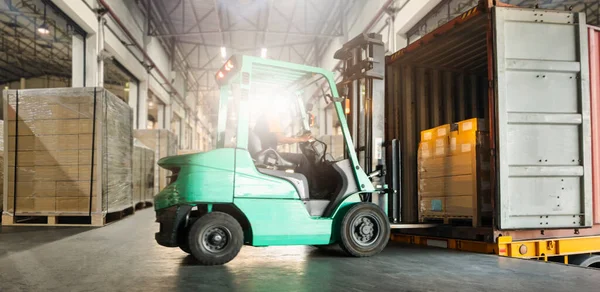 Gabelstapler Traktor Lädt Verpackungskisten Container Lkws Gabelstapler Hubwagen Lader Delivery — Stockfoto