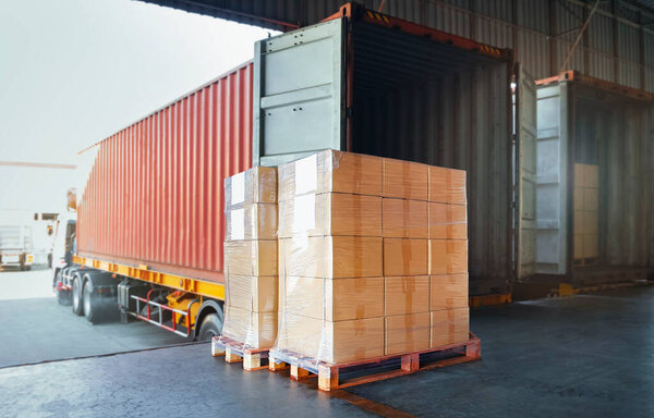 Packaging Boxes Wrapped Plastic on Pallets Loading into Cargo Container. Distribution Supplies Warehouse. Shipping Trucks. Supply Chain Shipment Boxes. Freight Truck Transport Logistics.