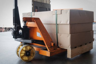 Palet Paketlenmiş Paket Kutuları ve Palet Paketlenmiş El Kamyonu. Tedarik zinciri. Kargo Kargo Kutuları. Dağıtım. Depo Lojistiği Malzemeleri.
