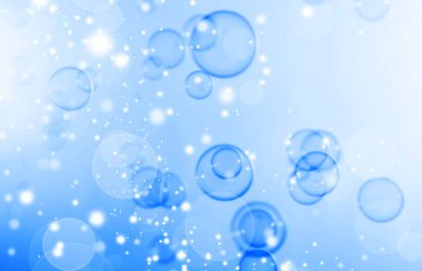 Soyut Güzel Şeffaf Mavi Sabun Köpükleri Arkaplanı. Bulanık Beyaz Bokeh, Defocus. Baloncuklar. Taze sabun köpükleri. Kar yağışı Defocus, Bulanık Yeni Yıl Kutlaması Şenliği