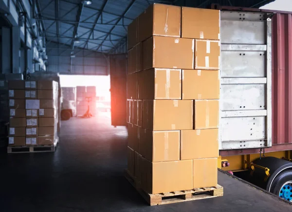 Packaging Boxes Stack on Pallets Loading into Cargo Container. Shipping Trucks. Supply Chain Shipment Boxes. Distribution Supplies Warehouse. Freight Truck Transport Warehouse Logistics.