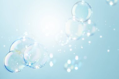 Beautiful Blurred Shiny Soap Bubbles Abstract Background. Defocused White Space. Bokeh Magic. Celebration Festive Backdrop. Fressness Soap Suds Bubbles Water