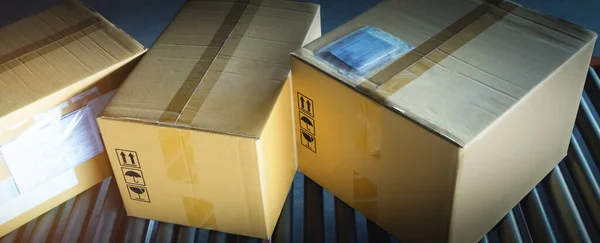 Paket Kutuları Taşıyıcı Kayışında Sıralama Kutular Pacels Kutuları Depoda Dağıtım — Stok fotoğraf
