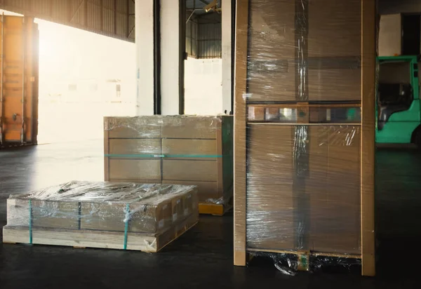 stock image Package Boxes Wrapped Plastic on Pallets in Warehouse. Supply Chain. Storehouse Distribution Storage. Cargo Shipping Supplies Warehouse Logistics.