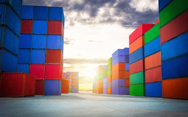 Row of Stacked Containers Cargo Shipping. Handling of Logistics Transportation Industry. Cargo Container ships, Freight Trucks Import-Export. Distribution Warehouse. Shipping Logistics Transport