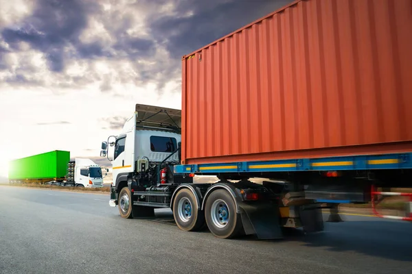 stock image Semi Trailer Trucks Driving on Highway Road with The Sunset. Shipping Container Trucks. Commercial Truck Transport, Delivery Express. Diesel Lorry Tractor. Freight Trucks Logistics, Cargo Transport.