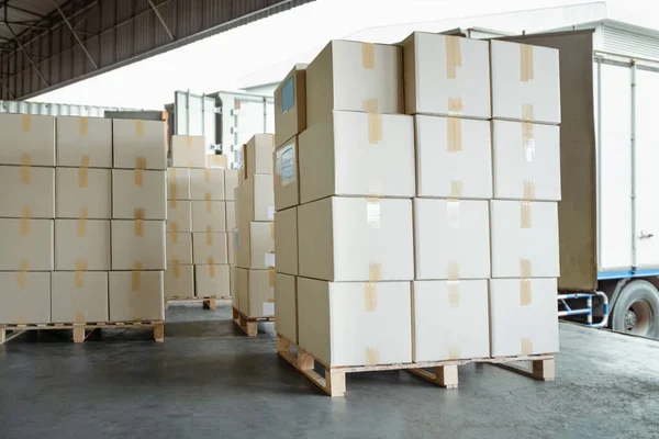 Paket Kutuları Paletler Üzerinde Yük Konteynırına Yükleniyor Depo Rıhtımı Dağıtım — Stok fotoğraf