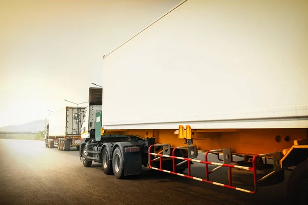 Semi Trailer Trucks Driving on The Road. Shipping Cargo Container, Commercial Trucks Transport, Delivery. Diesel Lorry Tractor. Freight Truck Logistic, Cargo Transport